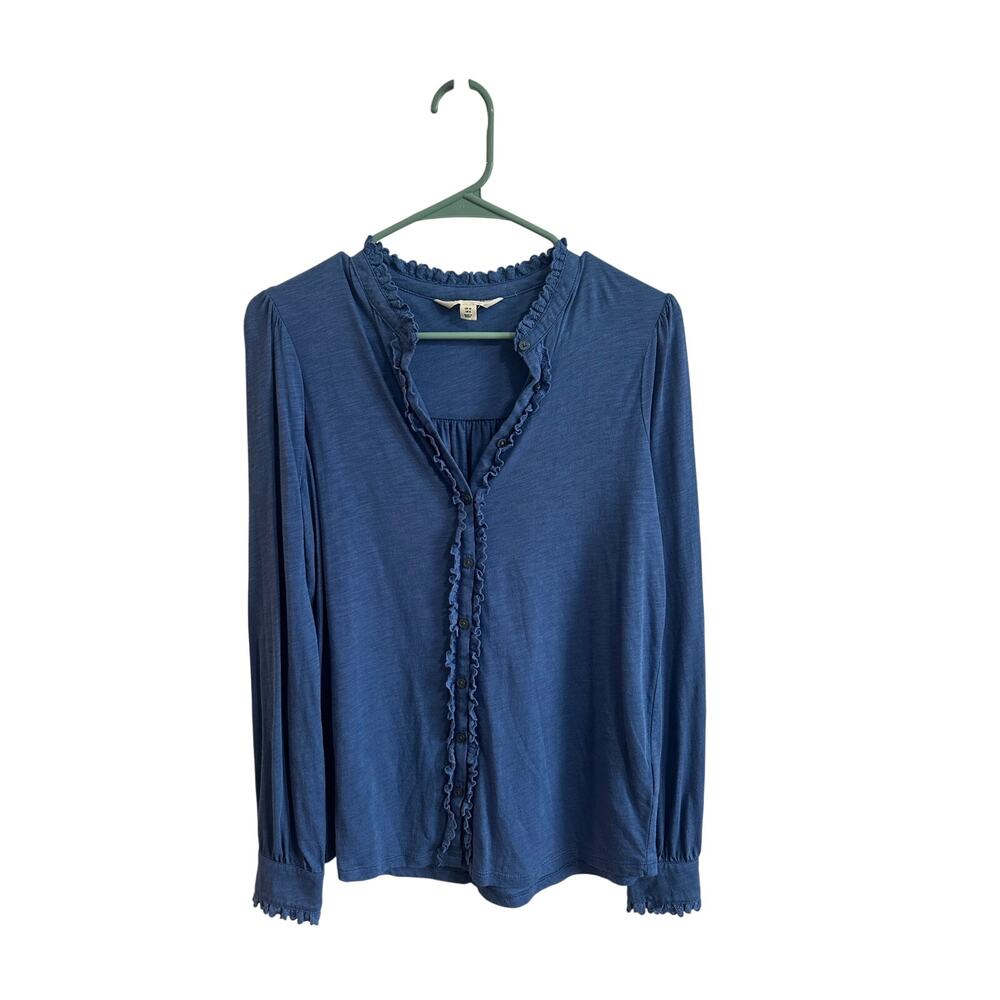 Boden Blue Ruffle Neck Ruffle Sleeve Blouse Sz US 6 Cotton Modal Button Up